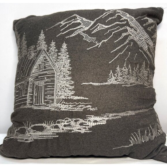 Decorative Cabin & Mountain Scene Throw Pillow 15'' - Picture 1 of 3